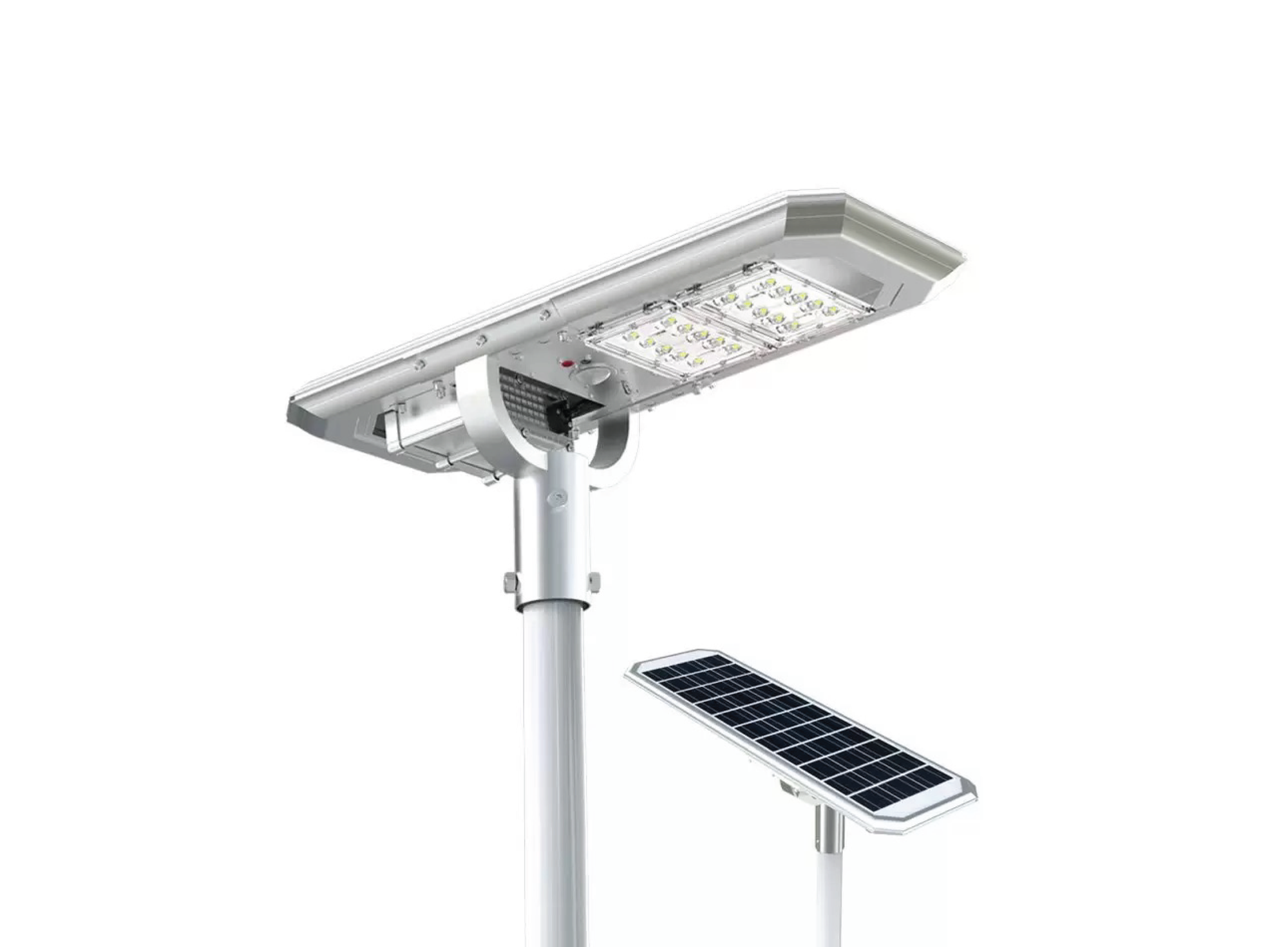 Lampione solare professionale da 2000 lumen con doppio modulo LED e pannello fotovoltaico per uso professionale