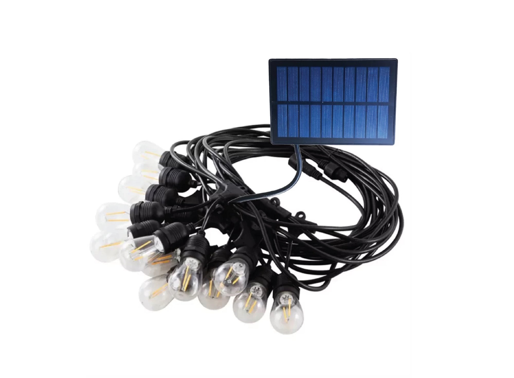 Catena luminosa LED a energia solare con pannello fotovoltaico, ideale per illuminazione decorativa da esterno.