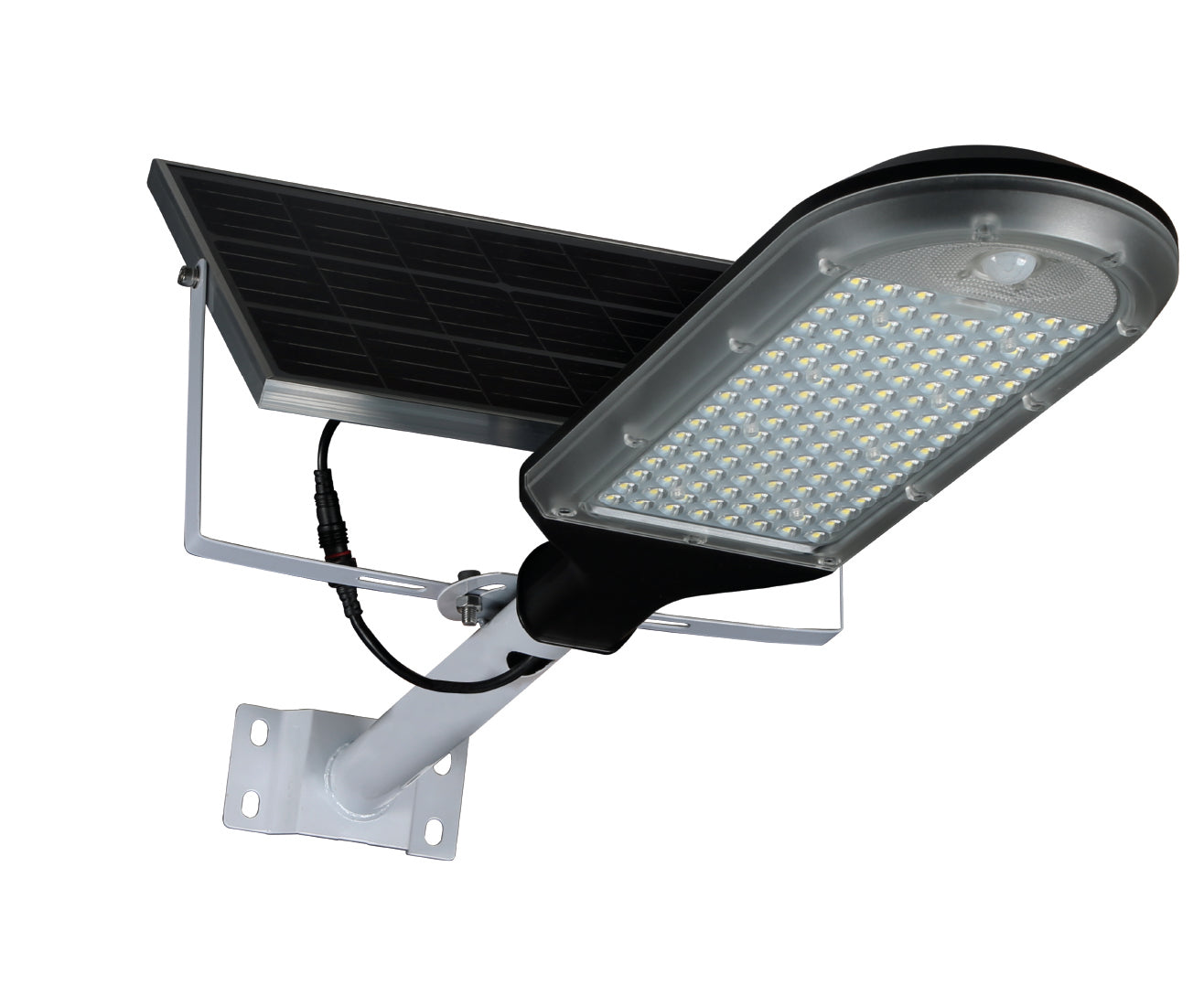 Faro LED solare modello LMS-4800 PRO con pannello orientabile e sensore di movimento, progettato per illuminazione da esterno