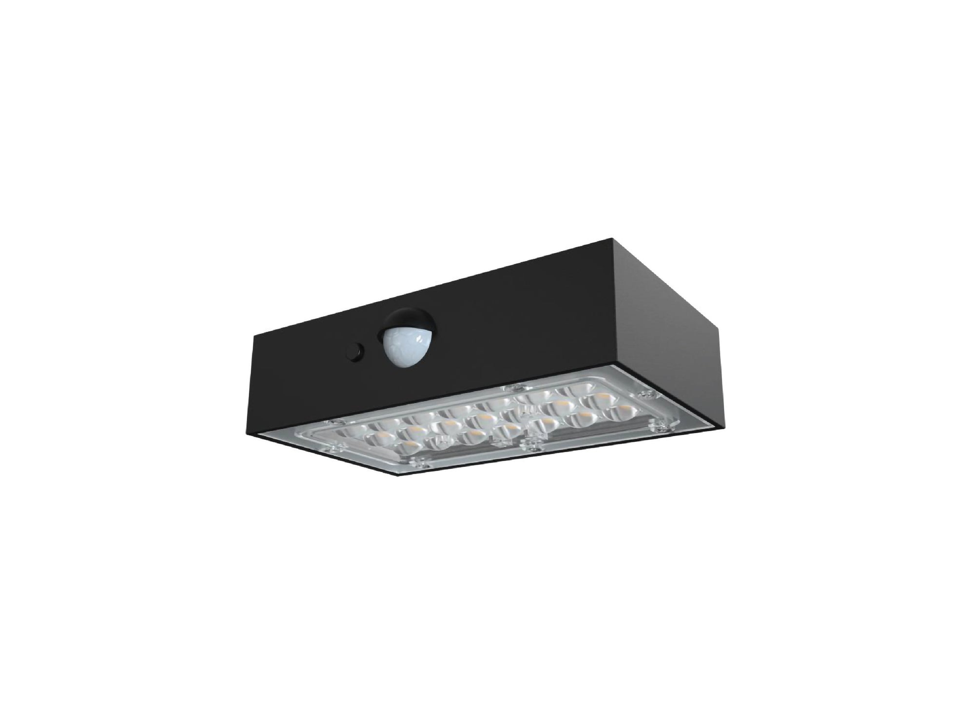Lampada solare da parete a LED con sensore di movimento, design compatto e struttura nera moderna.