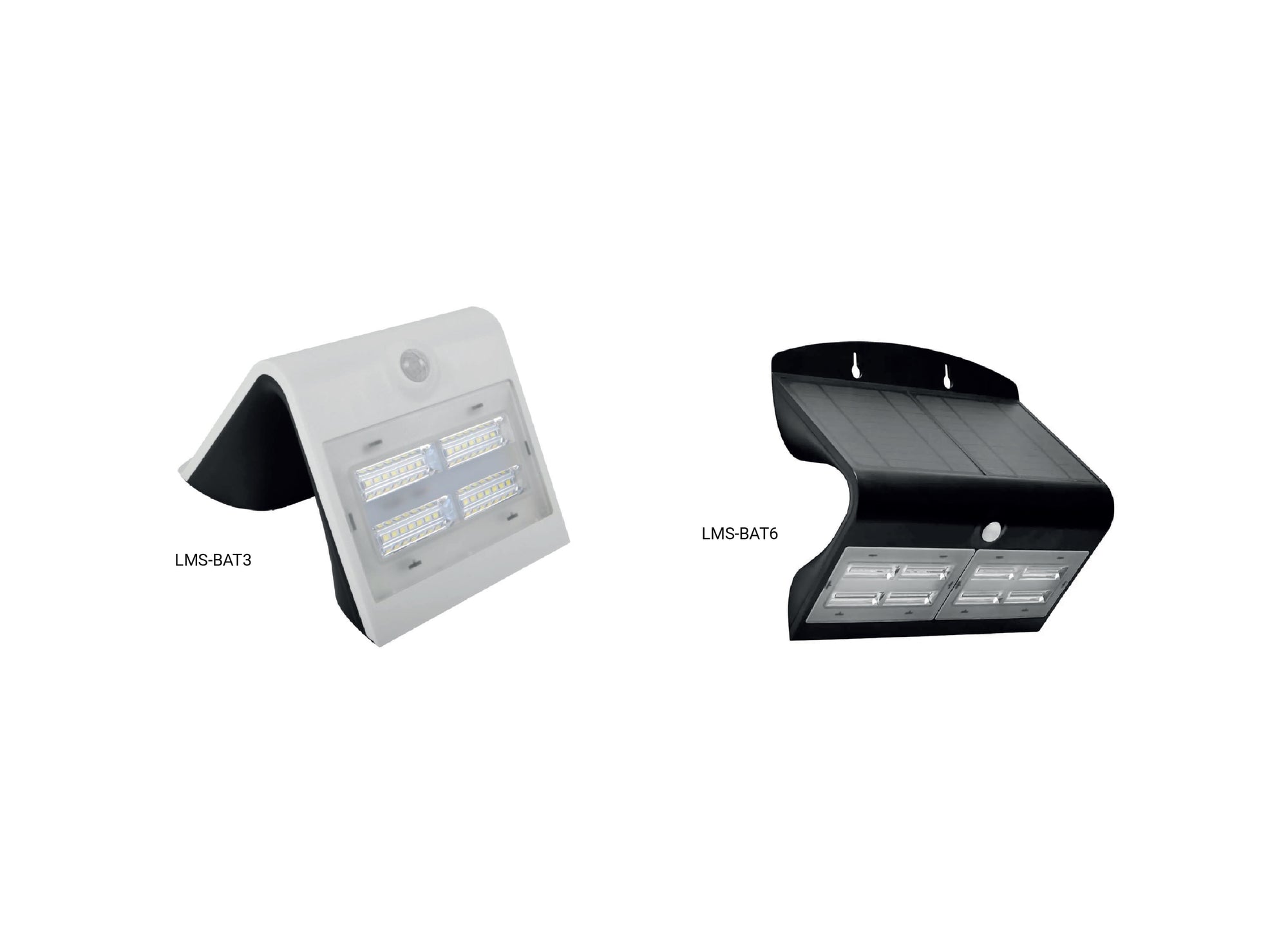 Lampade solari da parete con design curvo e LED ad alta intensità, modelli LMS-BAT3 e LMS-BAT6.