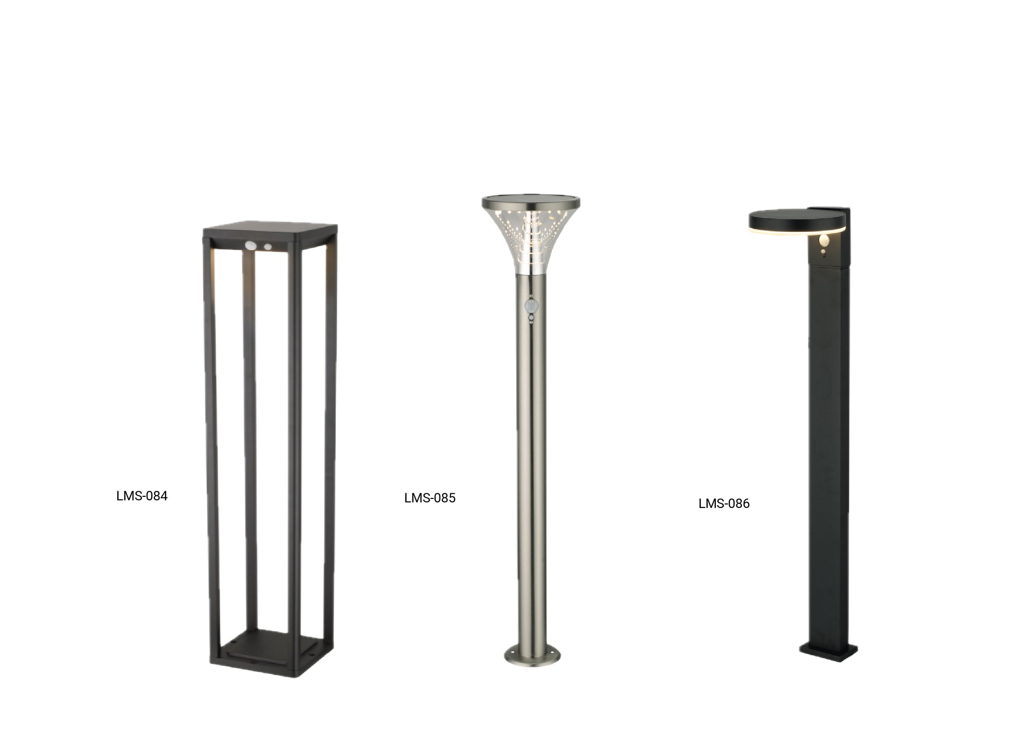 Lampioncini solari da giardino LMS-084, LMS-085 e LMS-086 con design moderno e sensore di movimento, per l’illuminazione autonoma di spazi esterni professionali