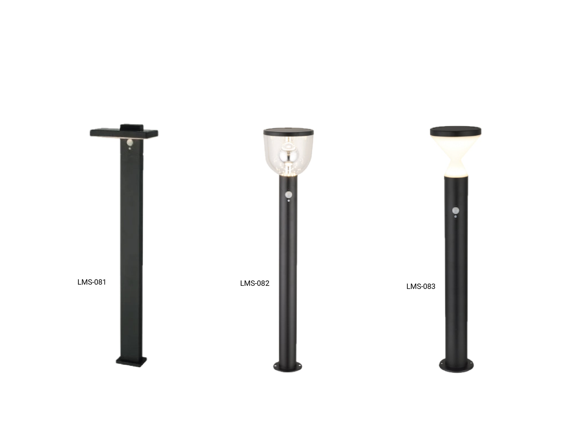 Paletti solari da terra LMS-081, LMS-082 e LMS-083 con design moderno e sensore integrato, ideali per percorsi pedonali, giardini e aree esterne aziendali