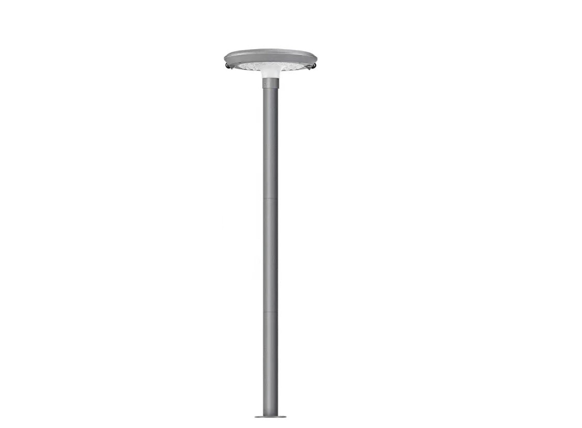 Lampione solare a LED con testa circolare e palo in alluminio, ideale per l’illuminazione elegante di spazi esterni aziendali e pubblici