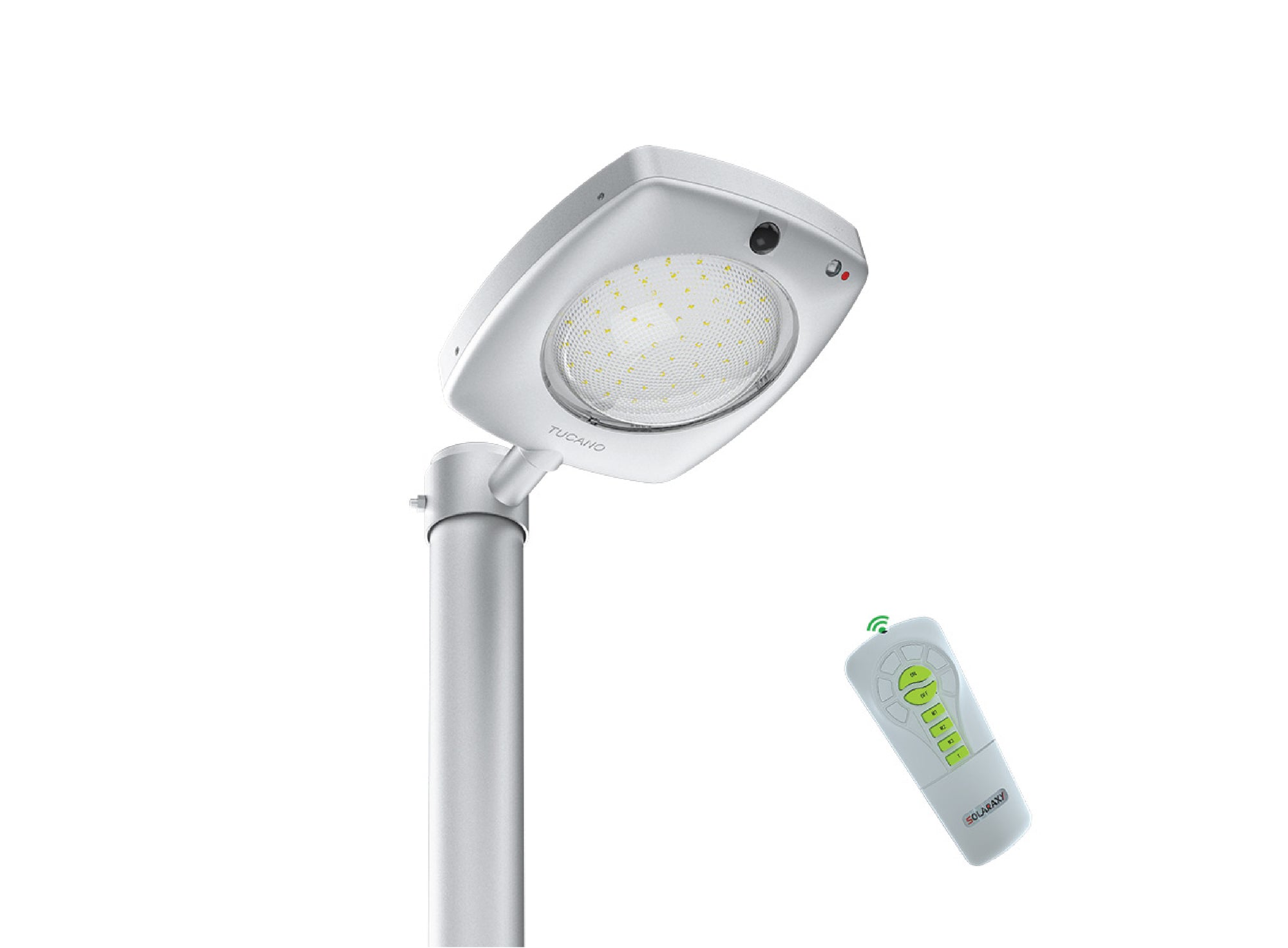 Lampione solare LED con design moderno e telecomando, pensato per l’illuminazione elegante di spazi aziendali e strade urbane

