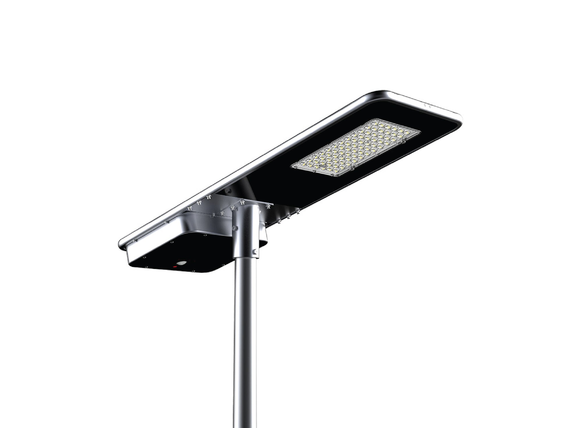 Lampione solare con pannello integrato e corpo in metallo, progettato per illuminare spazi aziendali esterni in modo efficiente e sostenibile