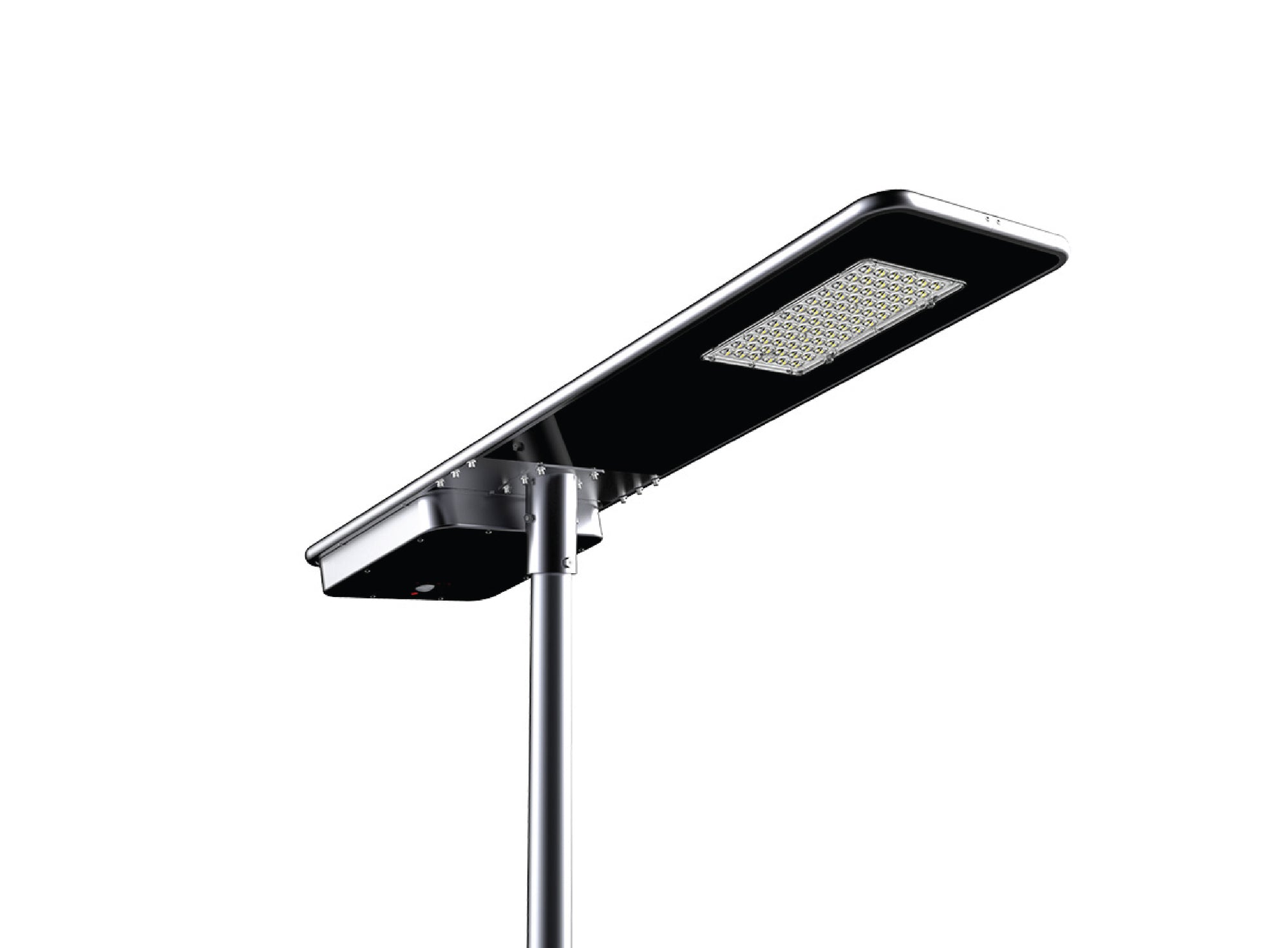 Lampione solare a LED con pannello integrato e luce ad alta intensità, pensato per aumentare la sicurezza di aree esterne aziendali senza costi energetici