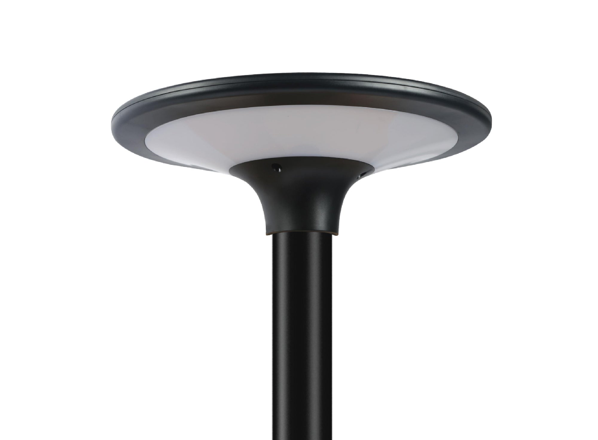 Lampione solare LED da esterno modello LMS-2100 con testa circolare e struttura nera dal design moderno


