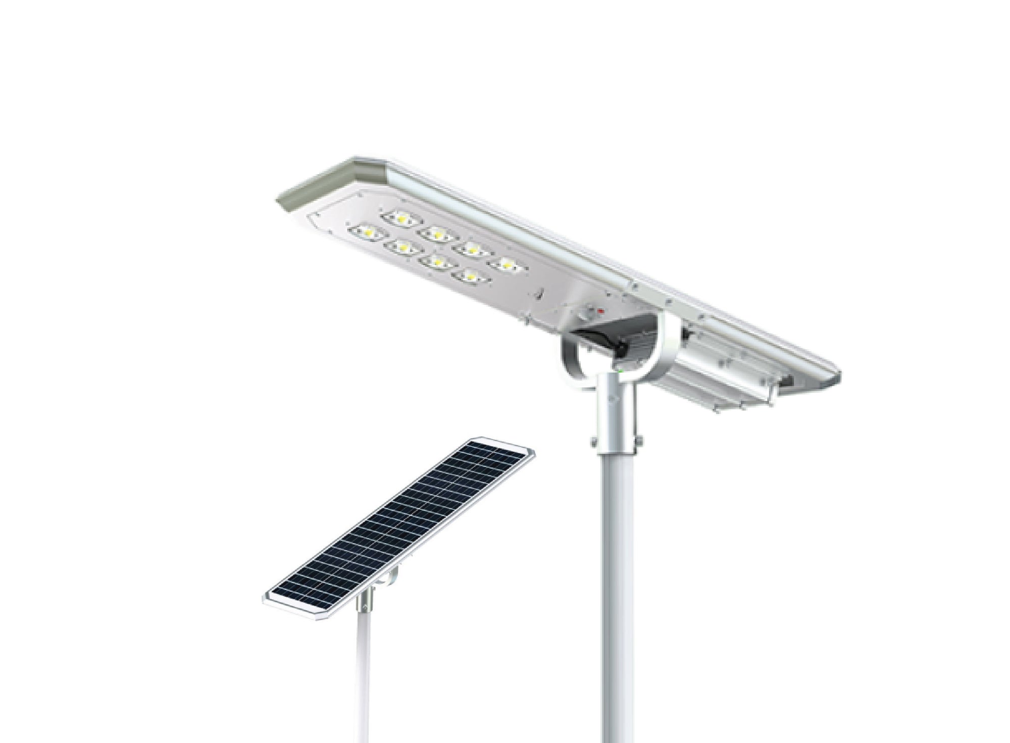 Lampione solare LED compatto con pannello fotovoltaico, progettato per l’illuminazione efficiente di viali aziendali e aree esterne pubbliche