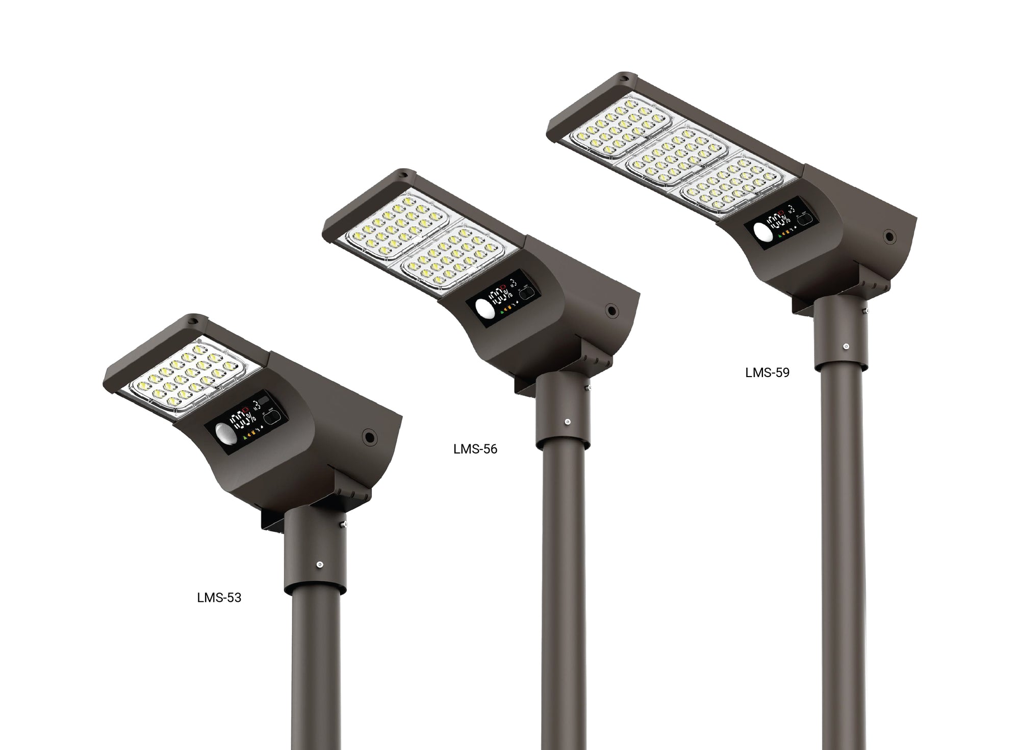 Lampioni solari a LED serie LMS-53, LMS-56 e LMS-59 con pannello solare integrato e display digitale, per illuminare aree esterne come parcheggi, aree urbane e marciapiedi