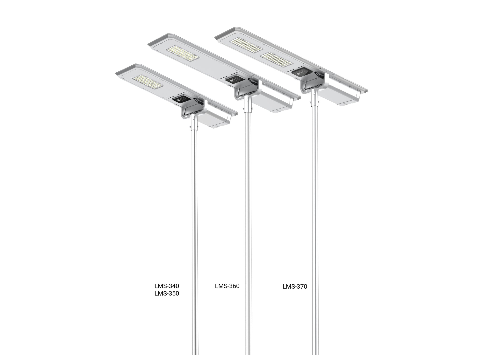 Lampioni solari LED LMS-340, LMS-350, LMS-360 e LMS-370 con pannello integrato, ideali per illuminazione in contesti aziendali, sportivi e pubblici