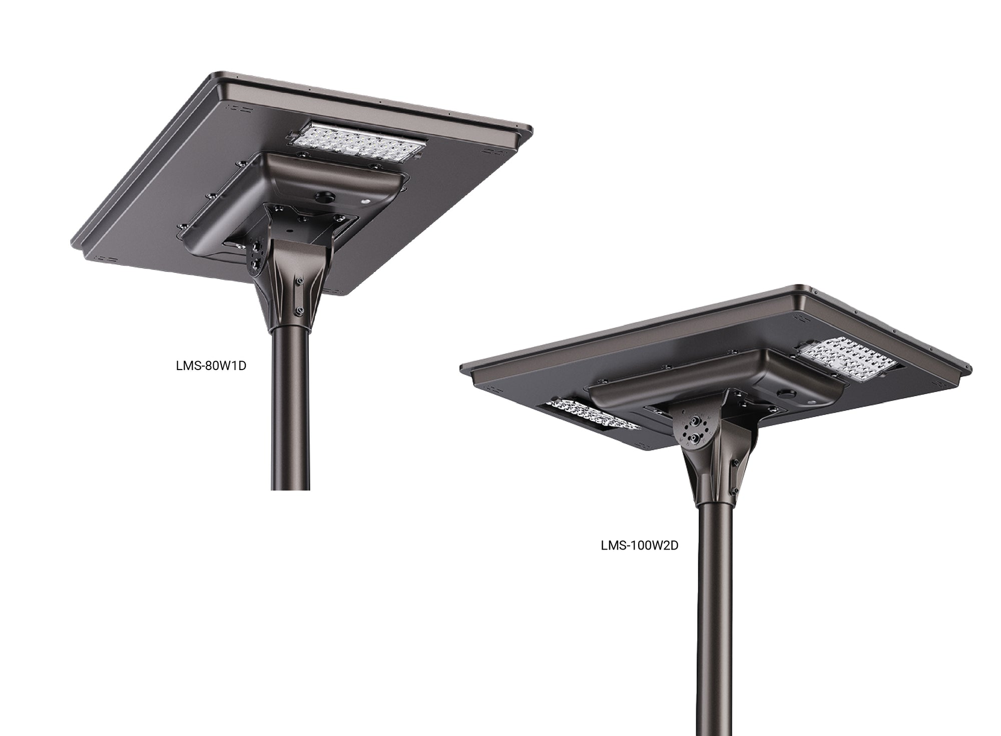 Lampioni solari LED LMS-80W1D e LMS-100W2D con pannello integrato e doppia ottica, pensati per illuminazione industriale e aziendale di grandi superfici