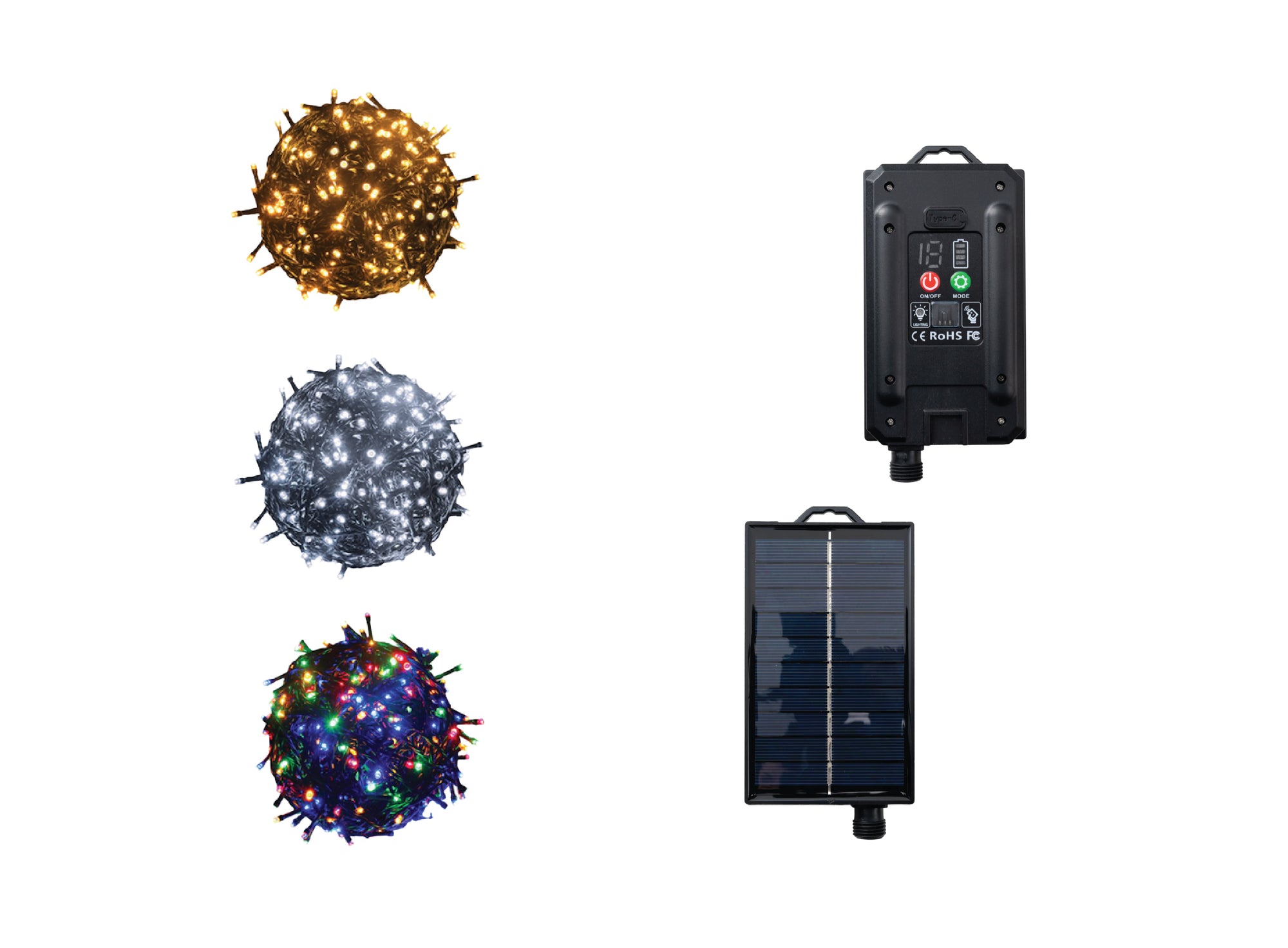 Luci decorative a LED solari per esterni in bianco caldo, bianco freddo e multicolore, con pannello e 8 modalità di lampeggio impostabili da teelcomando.