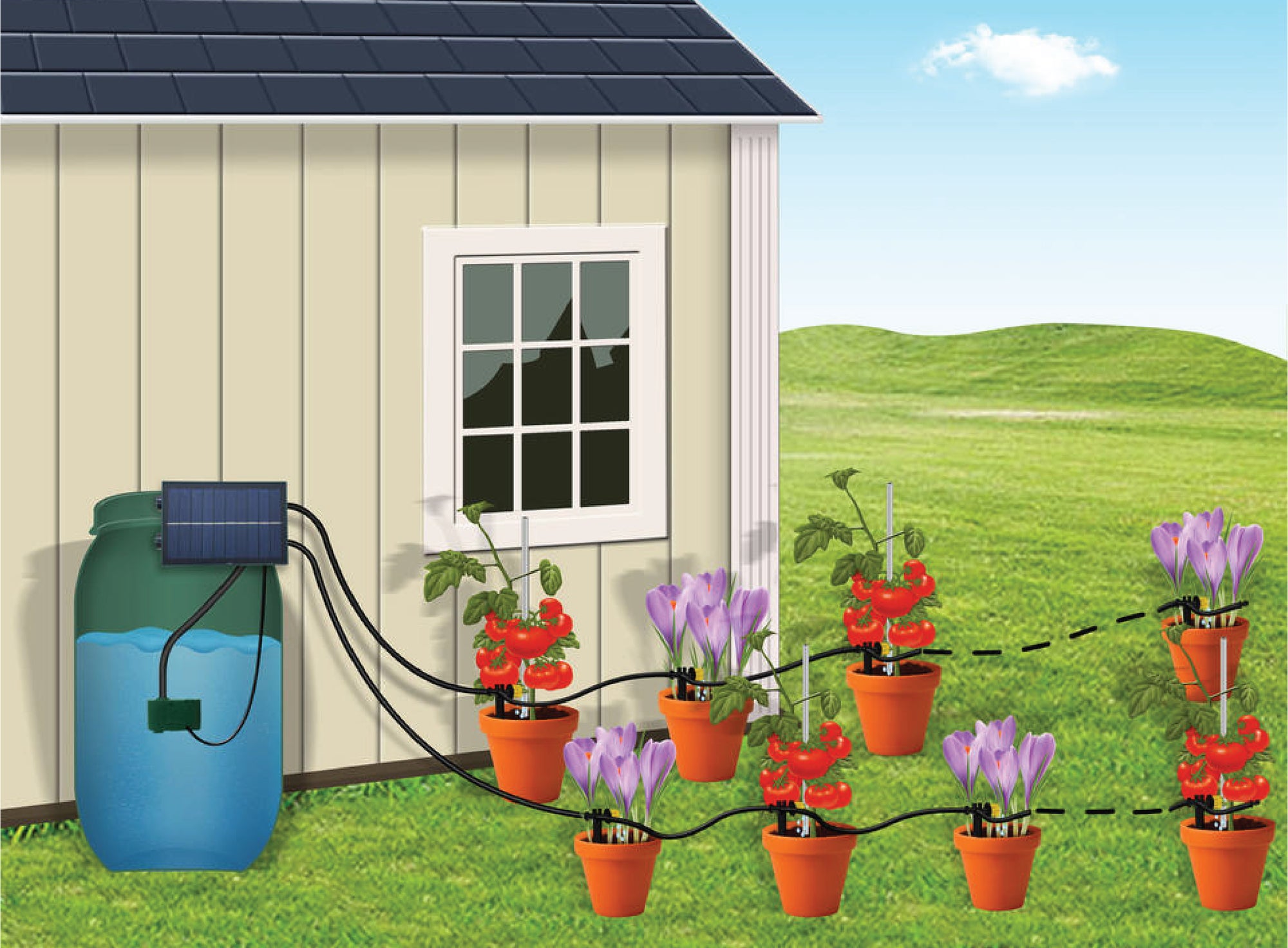Sistema di irrigazione solare automatica per piante in vaso con pannello fotovoltaico e pompa da serbatoio