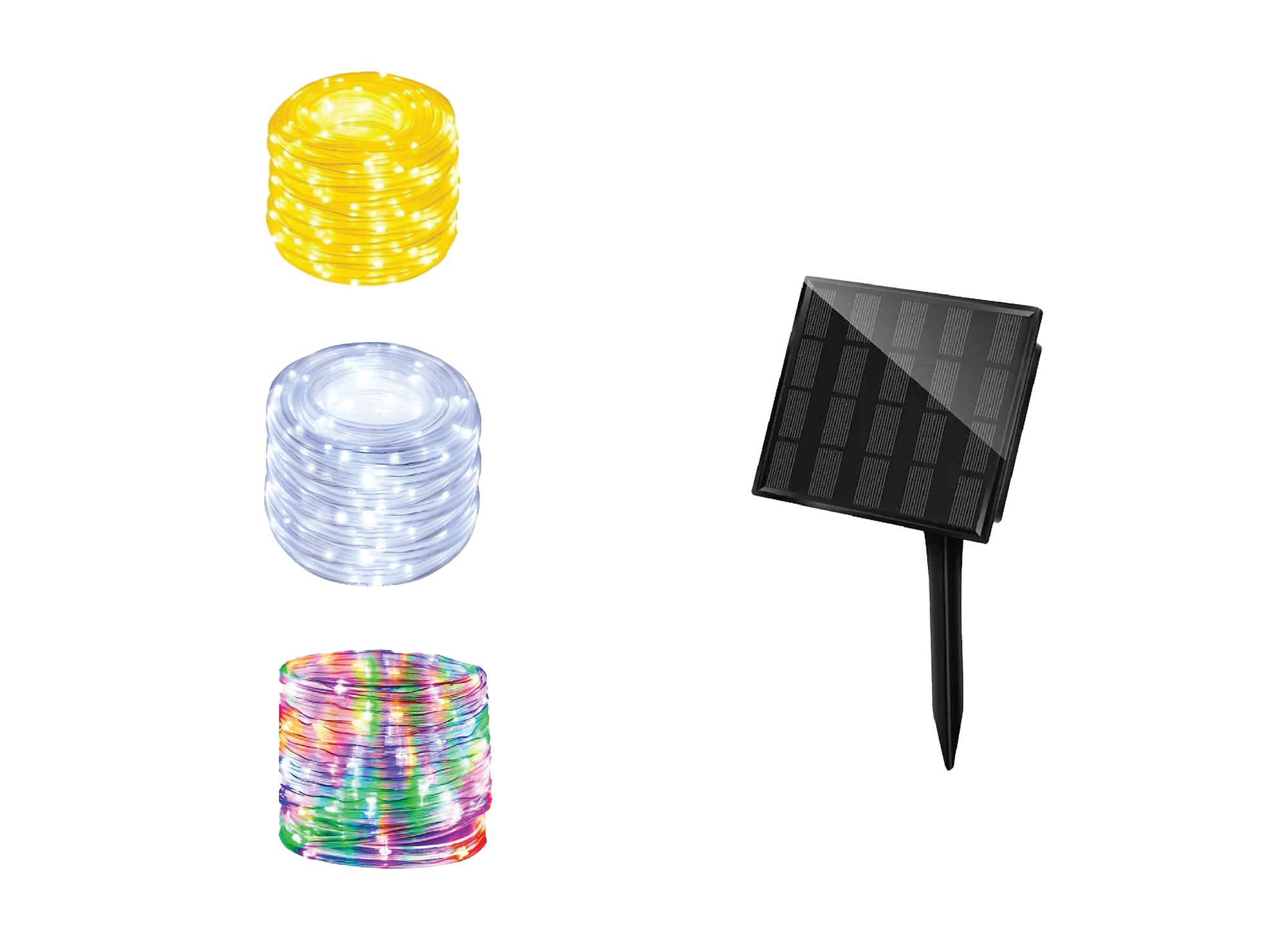 luci decorative a LED solari per esterno, bianco caldo, bianco freddo e multicolor. Con panello solare e 8 modalità di lampeggio programmabili da interruttore o telecomando